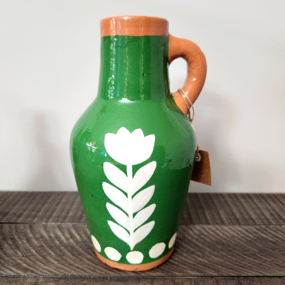 New Mud Pie Floral Dot Vase Jug Decor Stoneware Terracotta Green